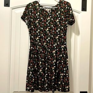 Large black mini dress with floral print.  Comfy cotton dress with pockets.